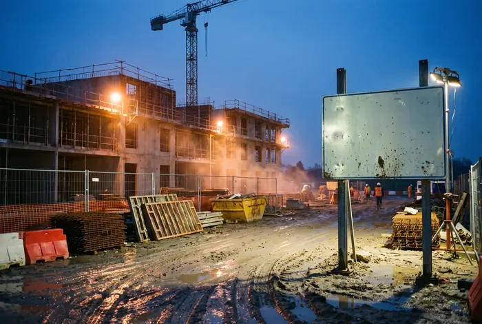 Chantier de béton armé sous échafaudage à l’heure bleue, grue et lumières