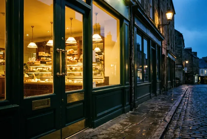 Devanture de boulangerie artisanale au crépuscule, pavés mouillés