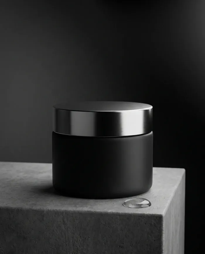 Pot de crème noir mat à couvercle métal poli sur béton brossé