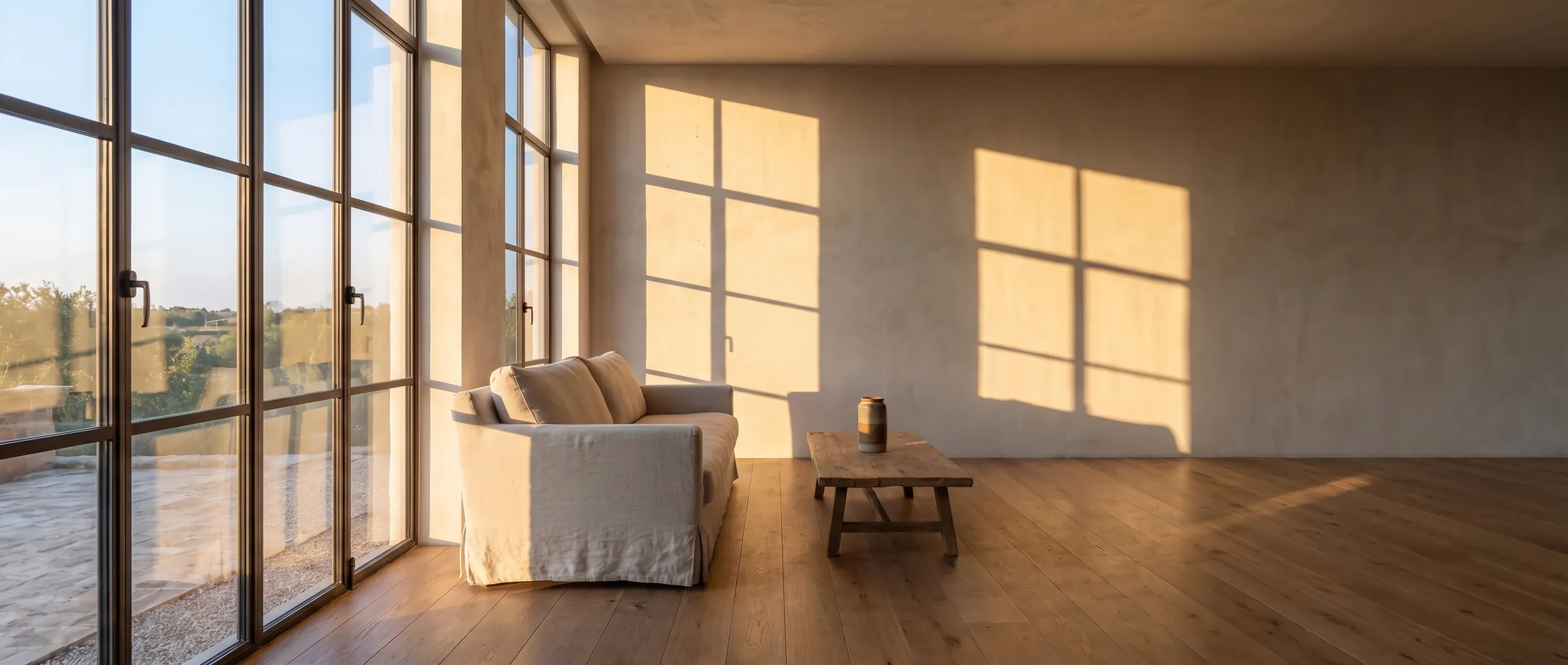 Salon minimal en fin d’après-midi, parquet de chêne, ombres longues sur le mur.