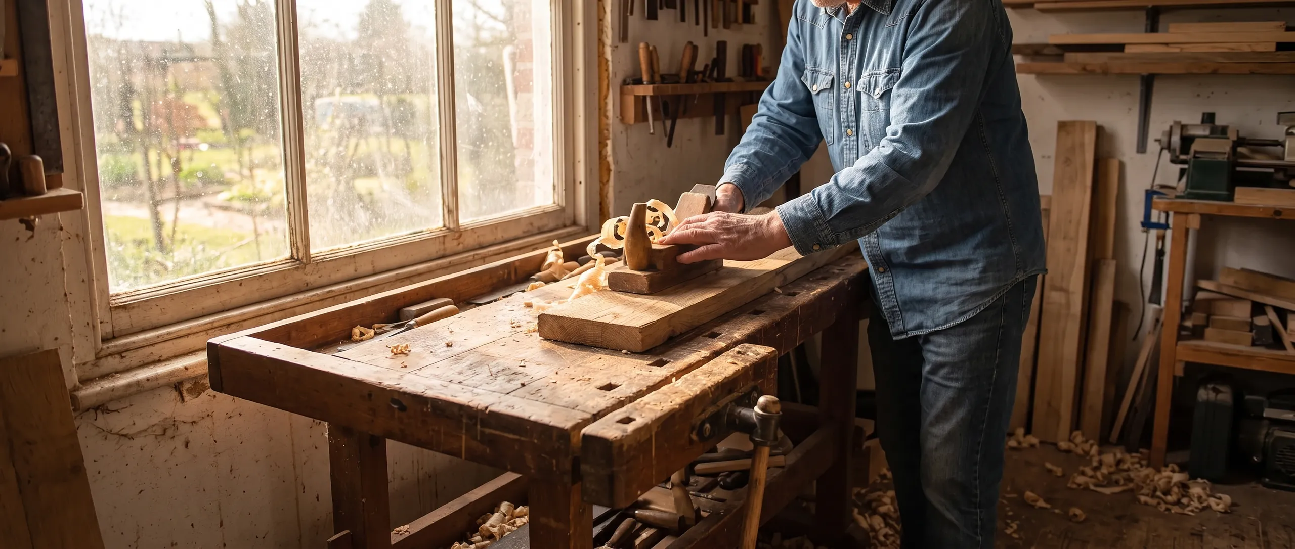 Mains d’artisan rabotant une pièce de chêne, copeaux dans la lumière.