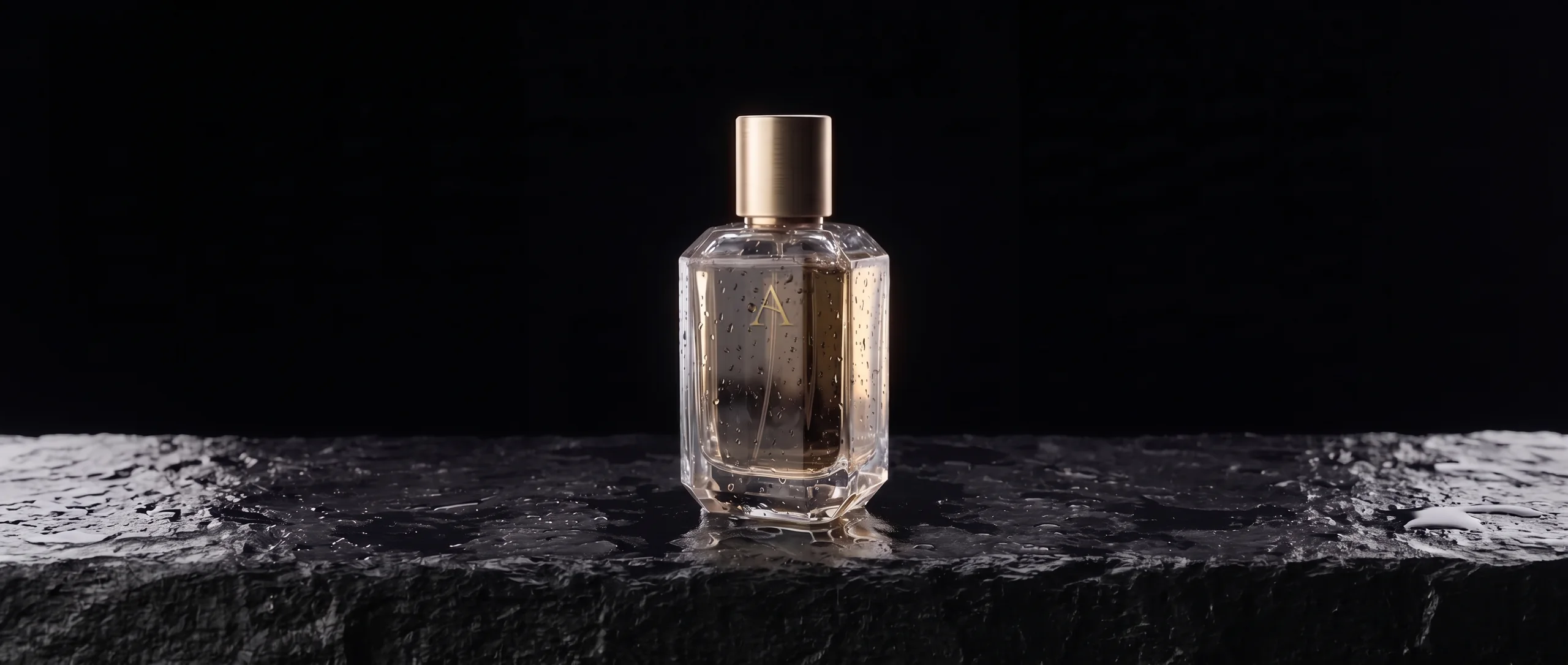 Flacon de parfum en verre taillé sur pierre noire mouillée, gouttes d’eau, le A gravé dans le verre.